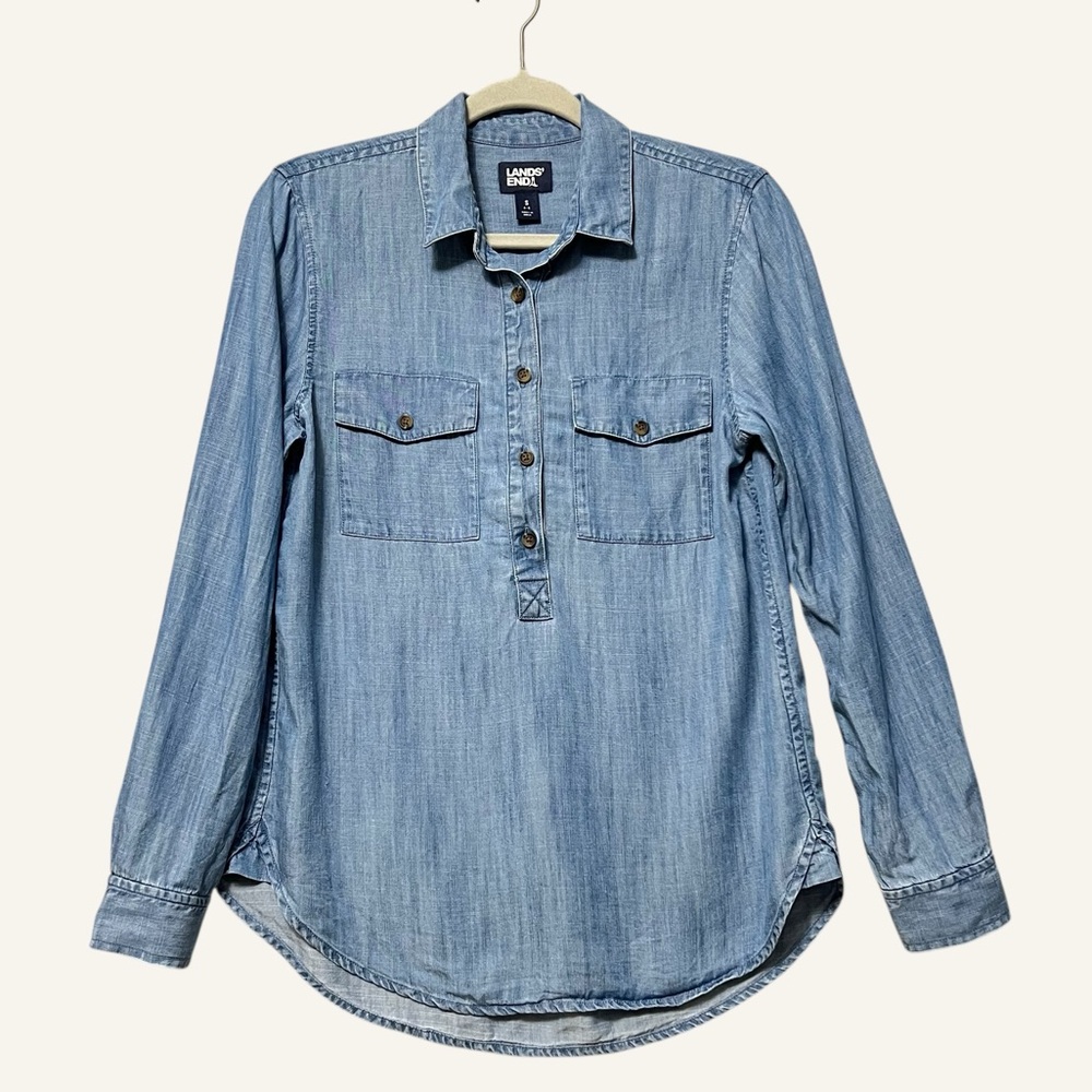 Lands' End Chambray Popover Shirt Size Small Collar Buttons Round Hem Lyocell